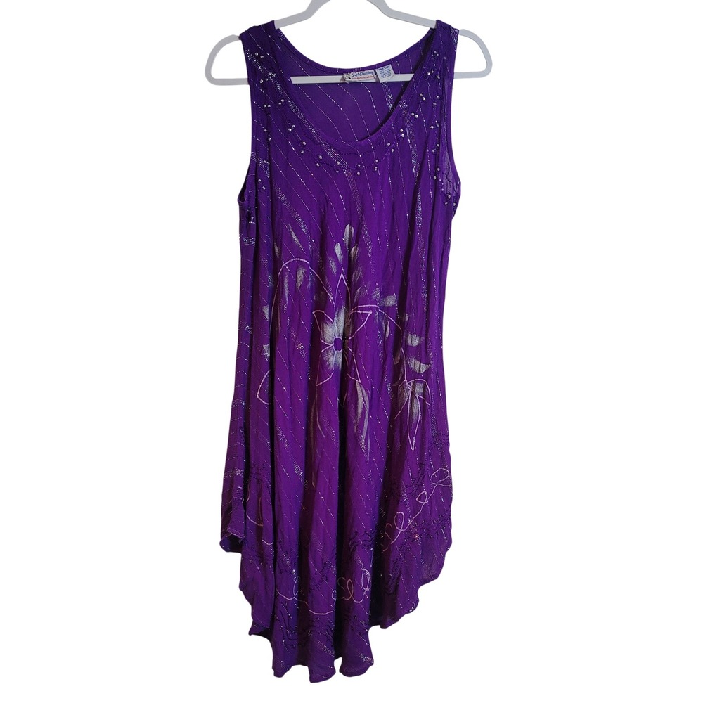 Just Cruising Purple Rayon Boho Hand Painted Sequin Handkerchief Hem Dress OS